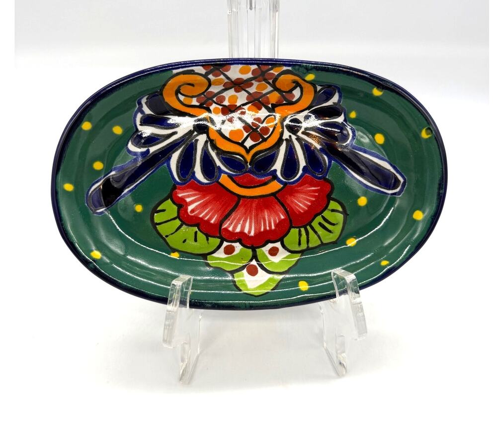 Talavera Style Mexican Pottery Shallow Dipping Serving Oval Bowl 7.25 x 4.5"